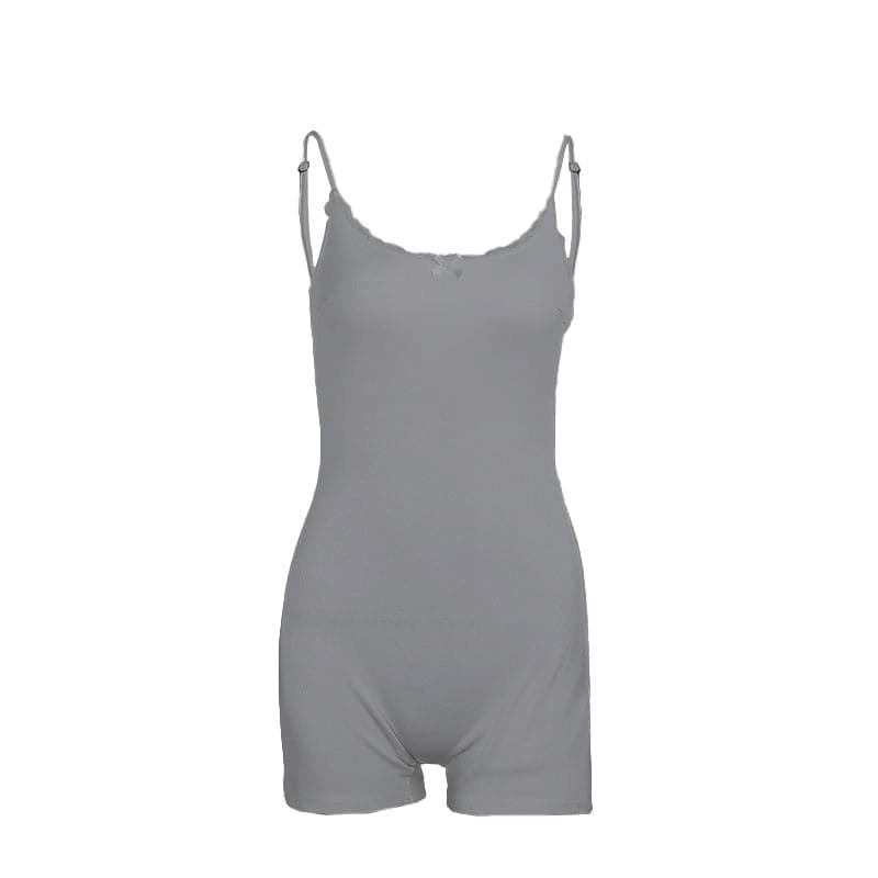 Bowknot lace hem ribbed cami romper