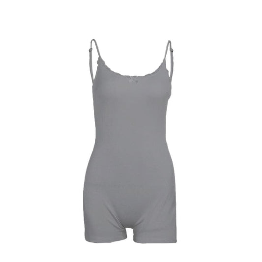 Bowknot lace hem ribbed cami romper