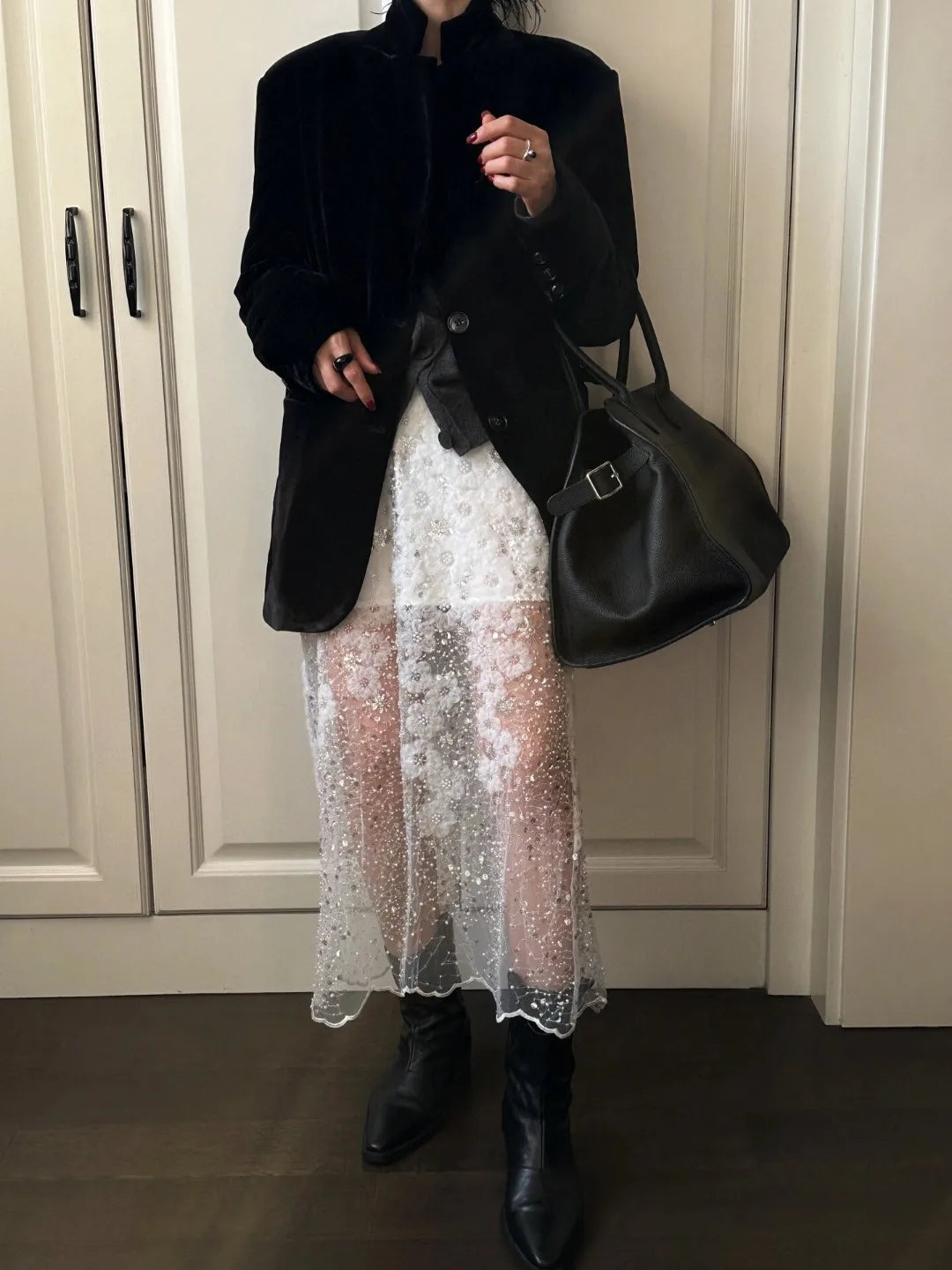 Unique White Lace Beaded Sequins High Waist Skirt Women's Trend