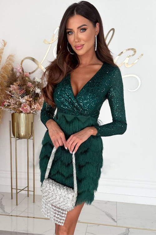 Sequin Wrap V Neck Long Sleeve Tiered Fringe Chevron Mini Dress