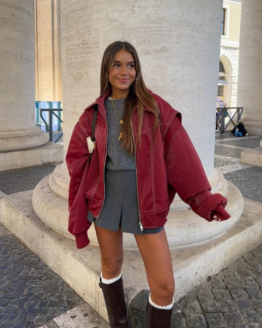 | Women’s Oversized Leather Bomber Jacket