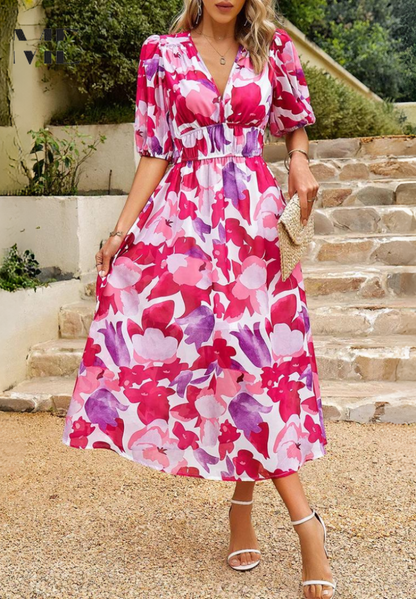 Women's Floral Midi Dress With Puff Sleeves – Elegant Casual Dress