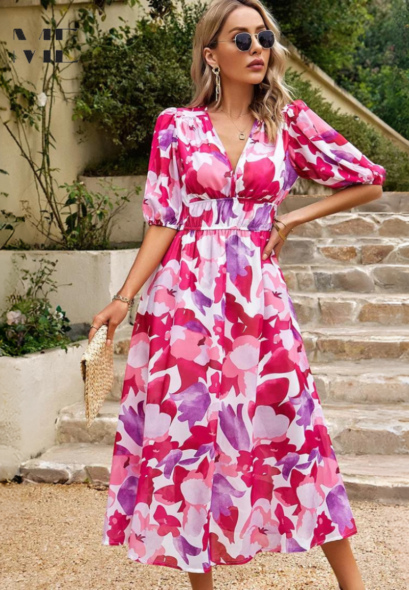 Women's Floral Midi Dress With Puff Sleeves – Elegant Casual Dress