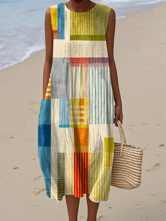 Women's Geometric Midi Dress – Round Neck Loose Fit Casual Dress