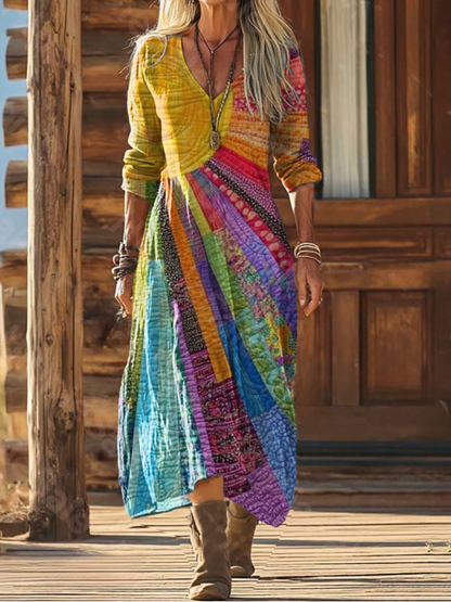 Women's V-Neck Long Sleeve Bohemian Dress – Colorful Relaxed Summer Dress