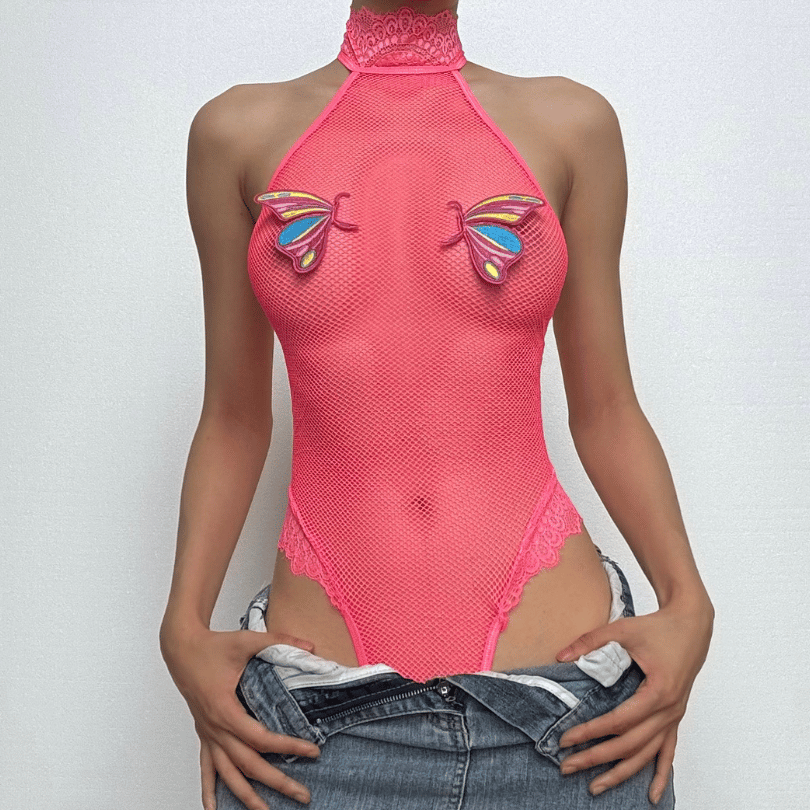 Halter butterfly pattern fishnet lace bodysuit