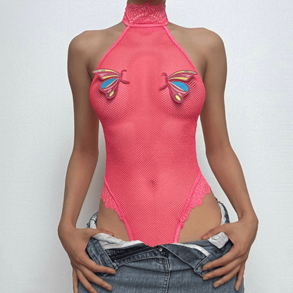 Halter butterfly pattern fishnet lace bodysuit