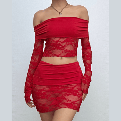 Long sleeve off shoulder lace see through mini skirt set