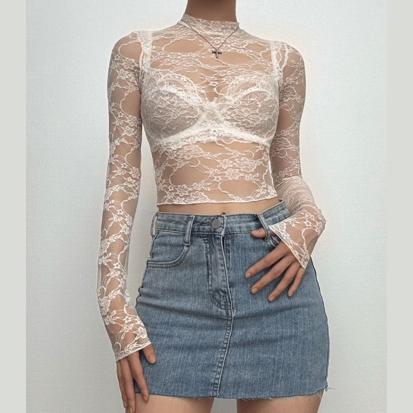Long sleeve high neck lace see through top