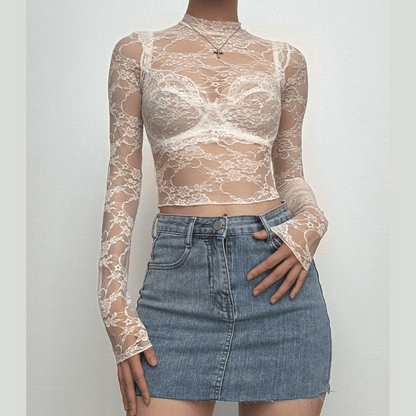 Long sleeve high neck lace see through top