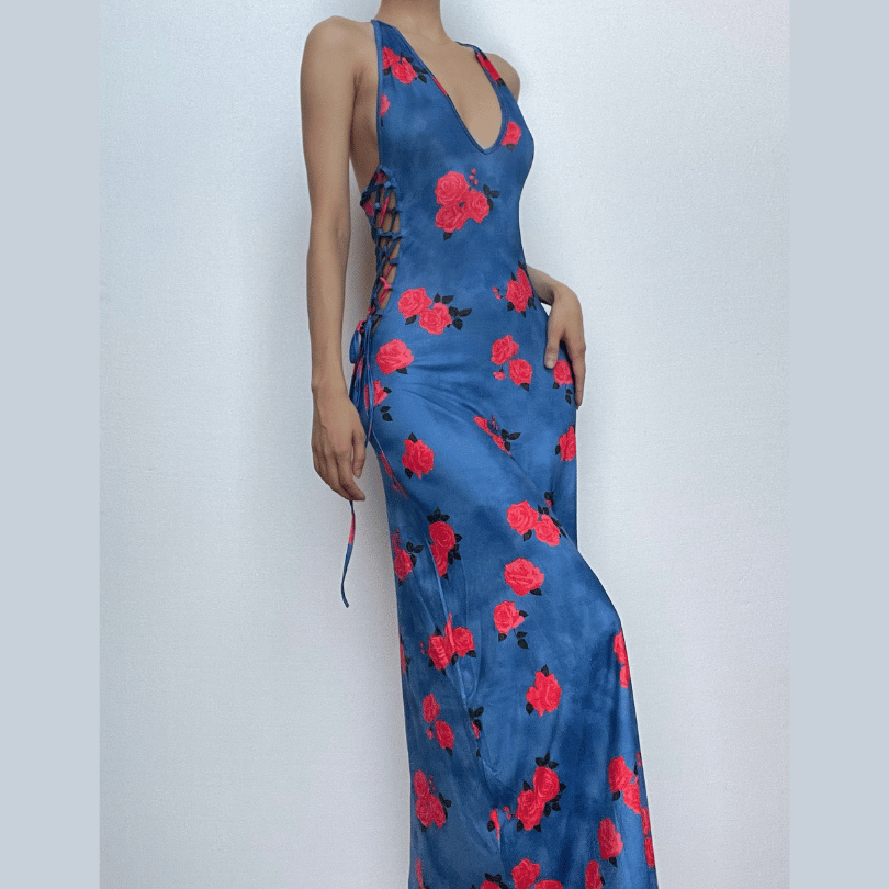 Halter Neck Side Lace Up Floral Print Bodycon Maxi Dress