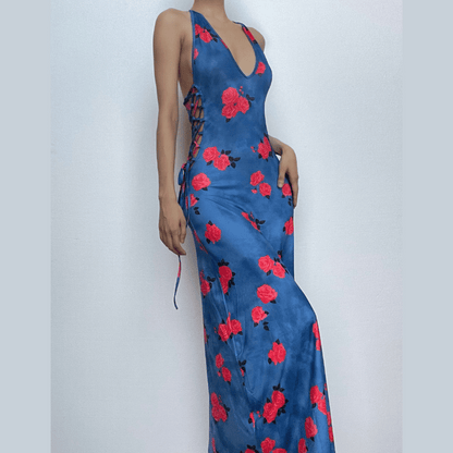 Halter Neck Side Lace Up Floral Print Bodycon Maxi Dress