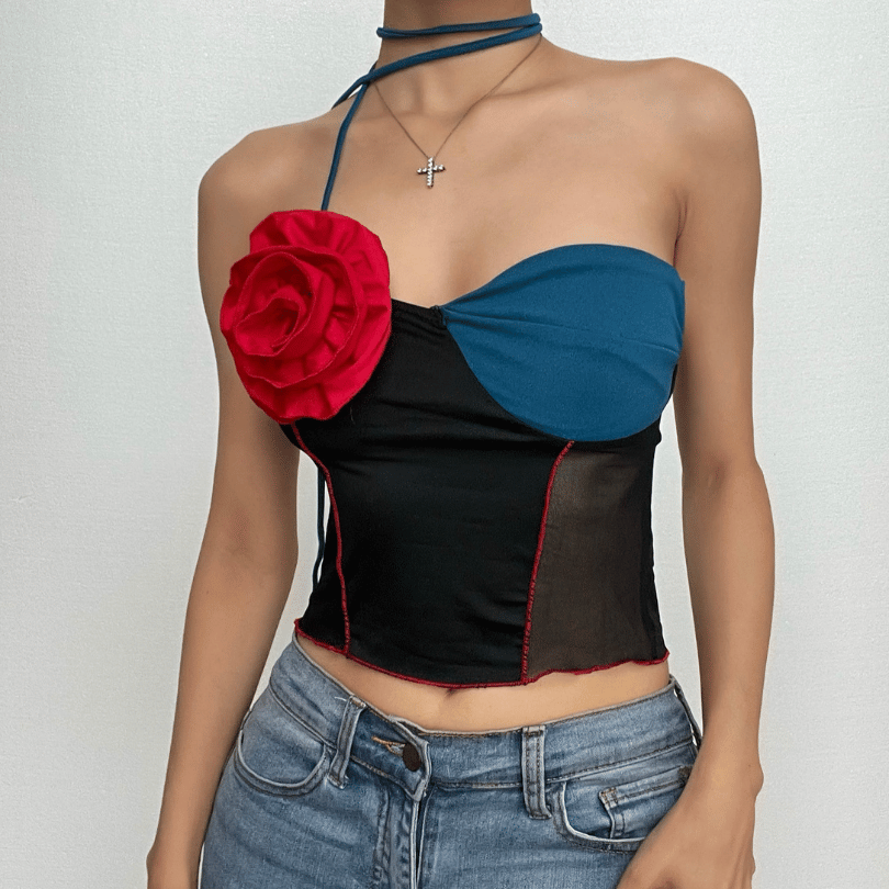 Flower applique patchwork irregular halter stitch crop top