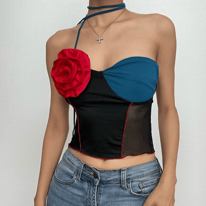 Flower applique patchwork irregular halter stitch crop top