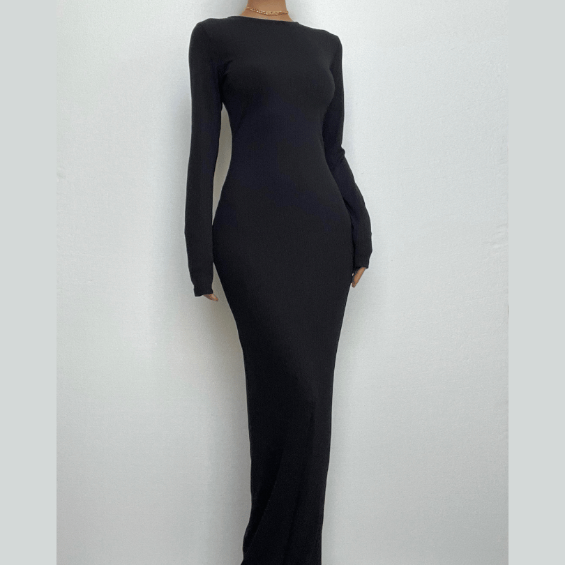 Long sleeve solid round neck maxi dress-final-sale