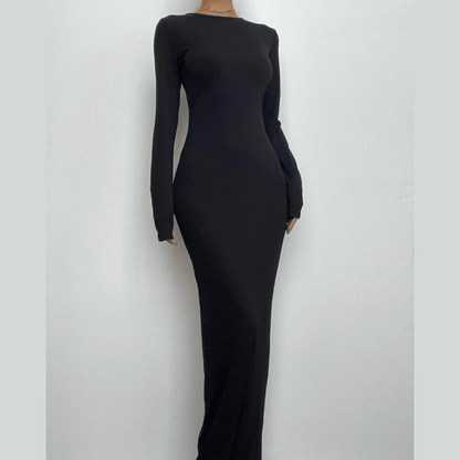 Long sleeve solid round neck maxi dress-final-sale