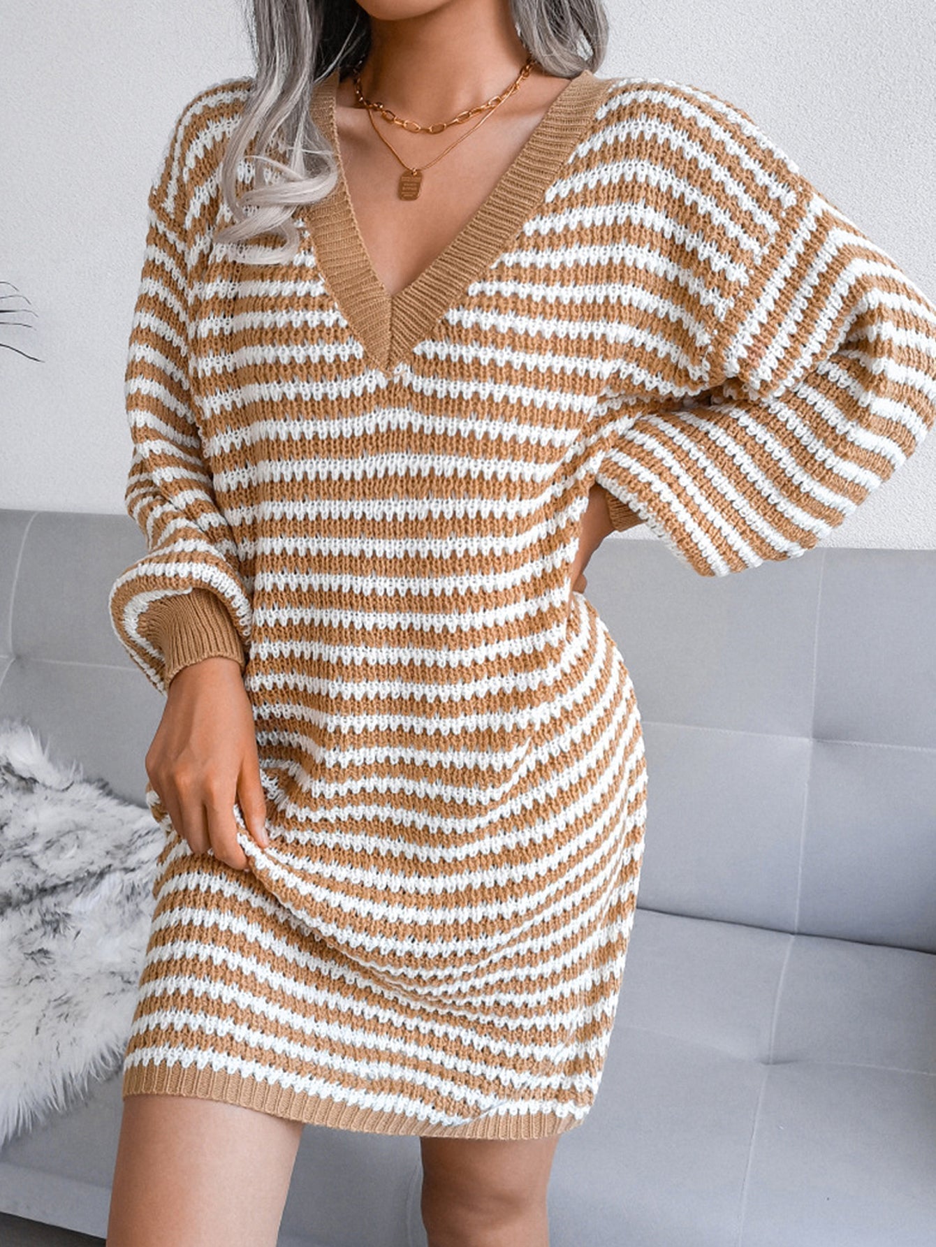 V-Neck Bishop Sleeve Horizontal Stripe Knit Mini Sweater Dress