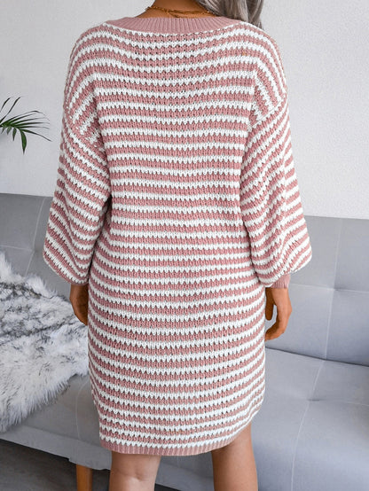 V-Neck Bishop Sleeve Horizontal Stripe Knit Mini Sweater Dress