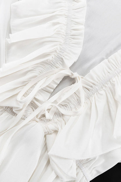 V Neck Pleated Trumpet Sleeve Ruffle Dress