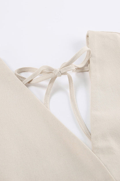 V Neck Single-breasted Cotton Linen A-line Dress