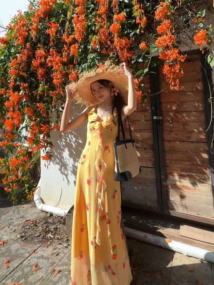 V-Neck Lace-Up Backless Dress Romantic French Chic Maxi