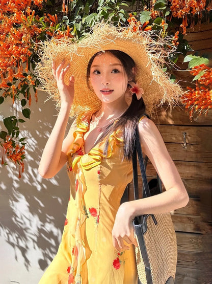 V-Neck Lace-Up Backless Dress Romantic French Chic Maxi