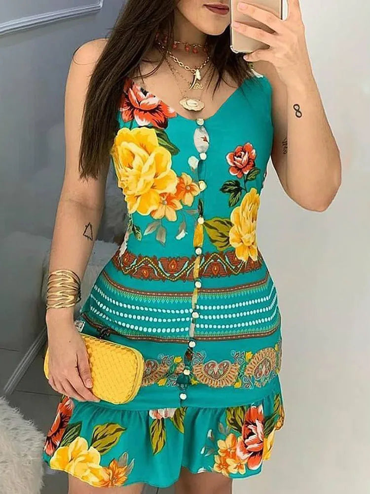 V-neck Buttoned Design Floral Print Dress