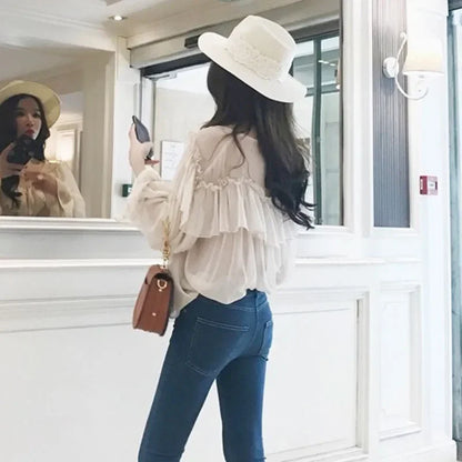 See Through Boho Mesh Ruffle Blouse