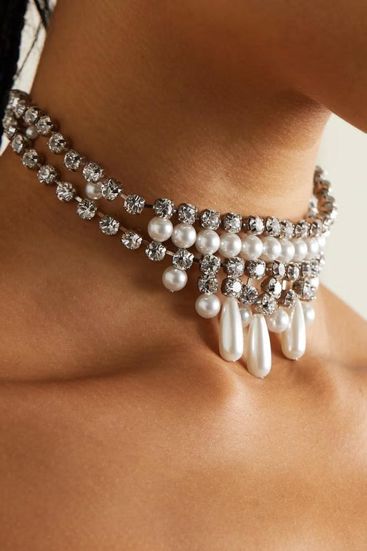 Faux Pearl Rhinestone Teardrop Choker