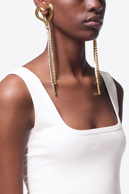 Heart Shape Rhinestone Tassel Drop Earrings