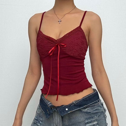 Lace patchwork bowknot backless cami top