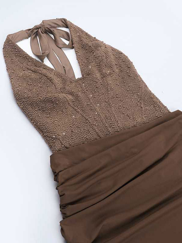 Burgundy Sequin Women Halter Maxi Dress - Elegant Ruched Bodycon Backless Mermaid Gown - Prom Party Outfit 2026