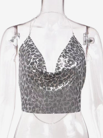 Sexy Straps Halter Metal Tops Sequin Clubwear Tops Sliver Sleeveless Spaghetti Straps Cami Draped Crop For Women