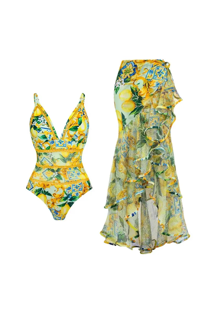 Mesh Lemon Print Swimsuit Set