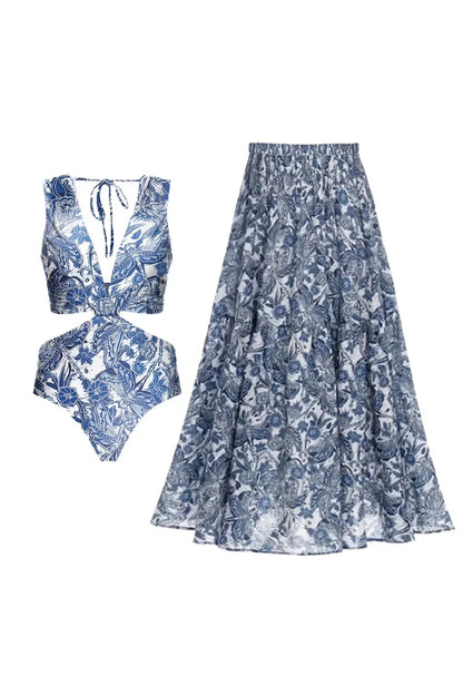 Dragonfly V Neck Cutout Skirted Swimsuit Set