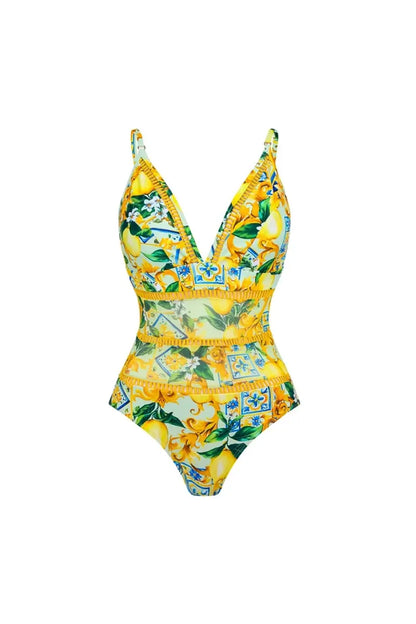 Mesh Lemon Print Swimsuit Set