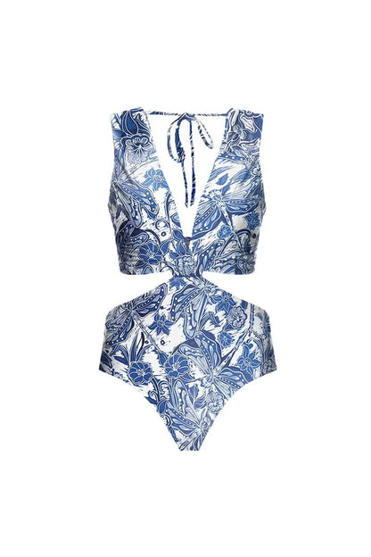 Dragonfly V Neck Cutout Skirted Swimsuit Set
