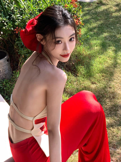 Vacation Chic Sexy Backless Halter Top & Red Skirt Two-Piece Set