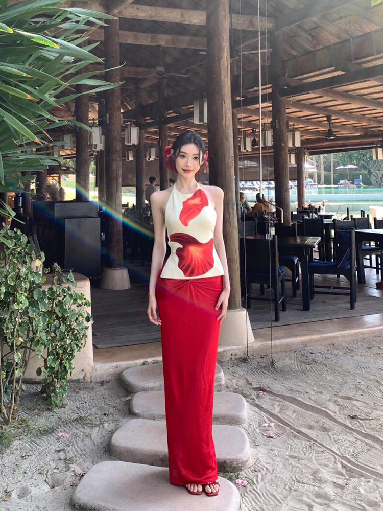 Vacation Chic Sexy Backless Halter Top & Red Skirt Two-Piece Set