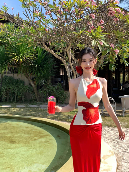 Vacation Chic Sexy Backless Halter Top & Red Skirt Two-Piece Set