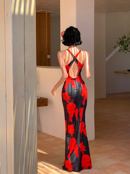 Vacation Floral Cross-Back Maxi Dress