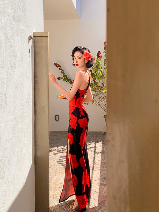 Vacation Floral Cross-Back Maxi Dress