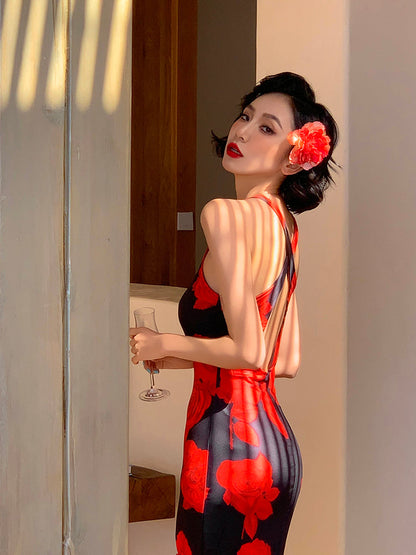 Vacation Floral Cross-Back Maxi Dress