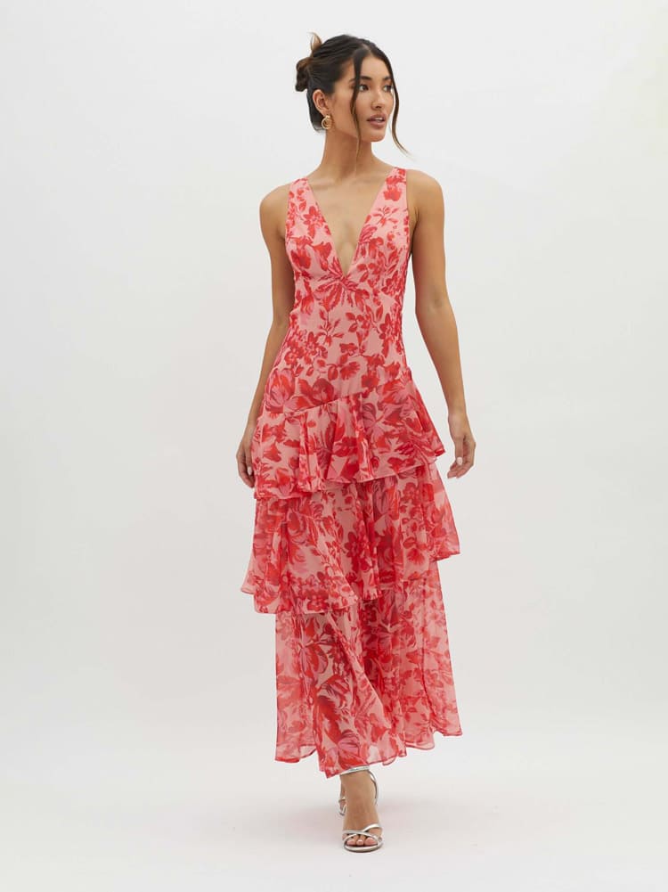V-Neck Ruffle Tier Floral Print Maxi Dress