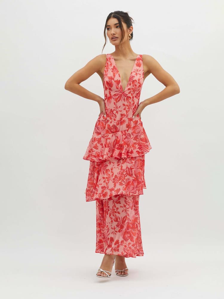 V-Neck Ruffle Tier Floral Print Maxi Dress