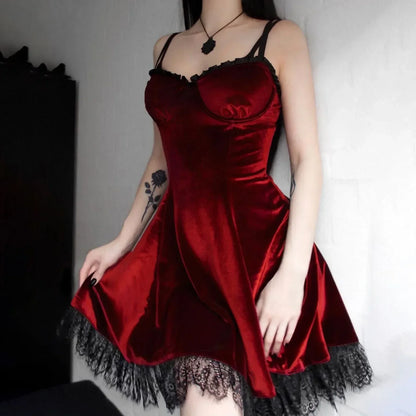 Velvet Sweetheart Spaghetti Strap Lace Trim Fit-and-Flare Mini Dress