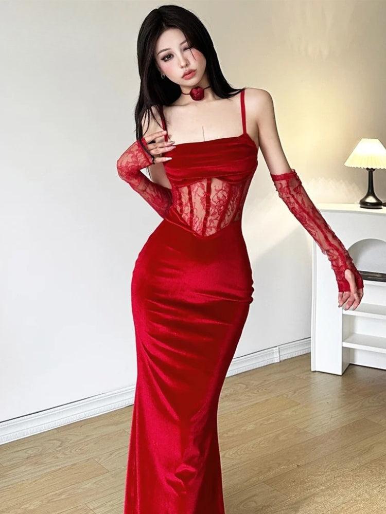 Spaghetti Strap Square Neck Lace Corset Panel Velvet Mermaid Maxi Dress