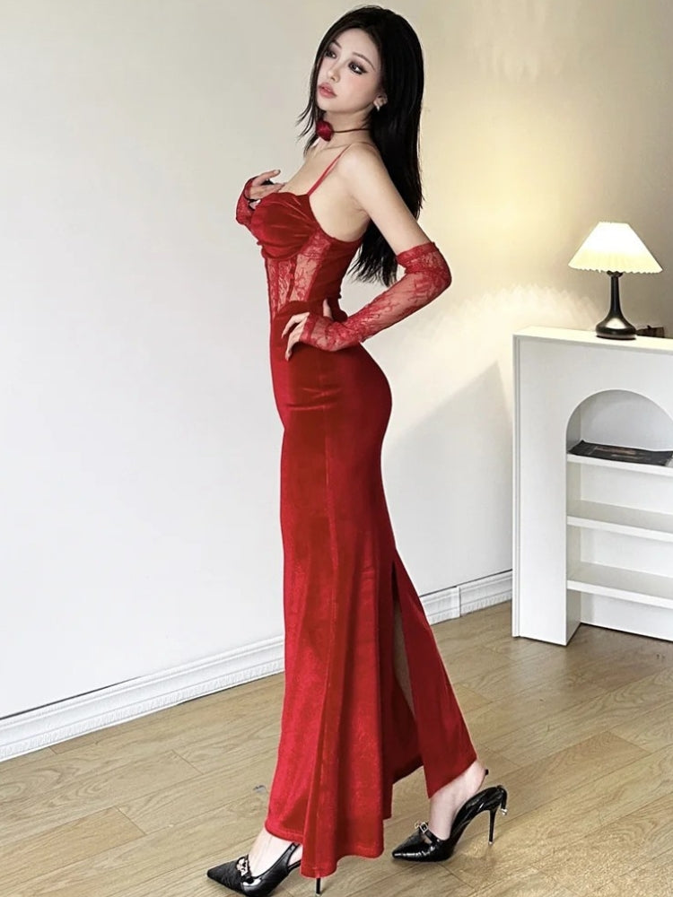 Spaghetti Strap Square Neck Lace Corset Panel Velvet Mermaid Maxi Dress