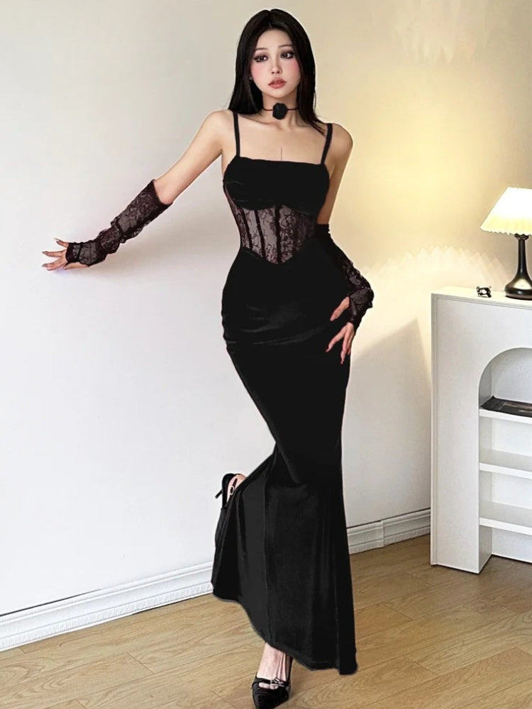 Spaghetti Strap Square Neck Lace Corset Panel Velvet Mermaid Maxi Dress