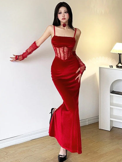 Spaghetti Strap Square Neck Lace Corset Panel Velvet Mermaid Maxi Dress